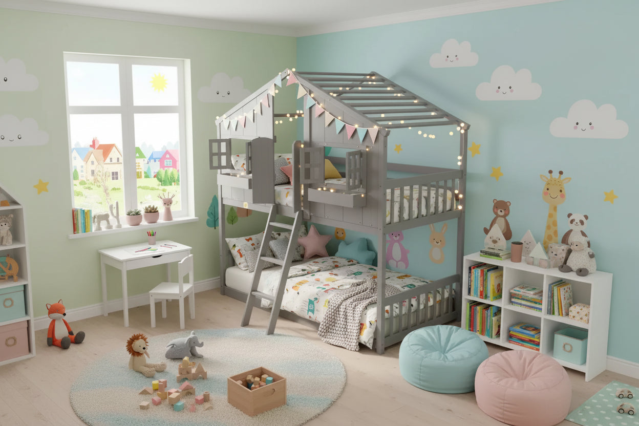 Whisen Twin over Twin House Bunk Bed with Roof, Window, Window Box, Door, with Safety Guardrails and Ladder