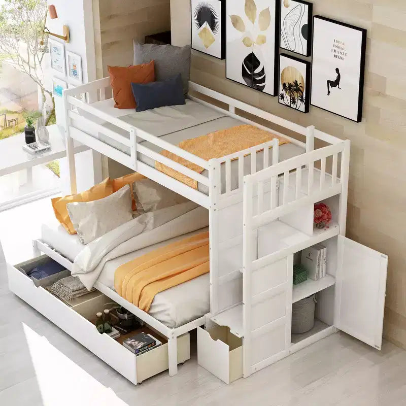 Litera Whisen Twin sobre Full / Twin, cama inferior convertible, estantes de almacenamiento y cajones
