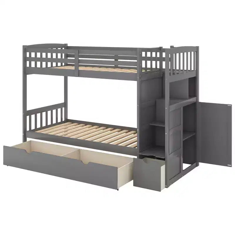 Litera Whisen Twin sobre Full / Twin, cama inferior convertible, estantes de almacenamiento y cajones