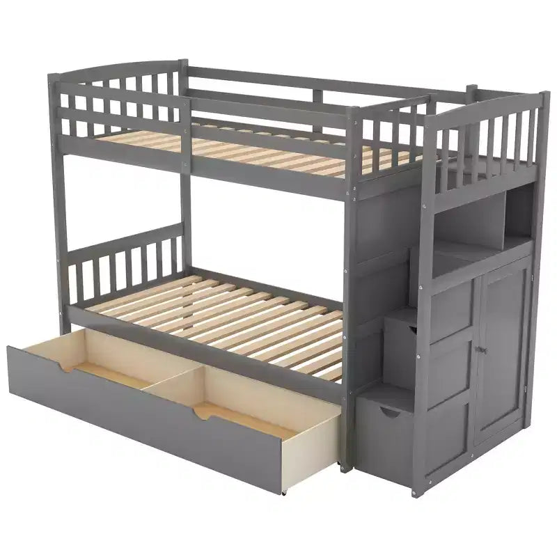 Litera Whisen Twin sobre Full / Twin, cama inferior convertible, estantes de almacenamiento y cajones