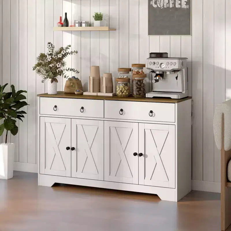 Aparador bufet HOMCOM, mueble de barra de café estilo rústico con 2 cajones y puertas correderas, mesa de bufet con estantes ajustables