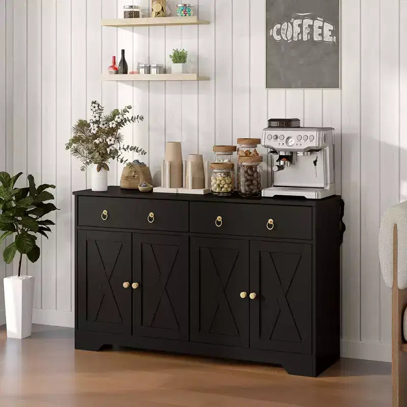 Aparador bufet HOMCOM, mueble de barra de café estilo rústico con 2 cajones y puertas correderas, mesa de bufet con estantes ajustables