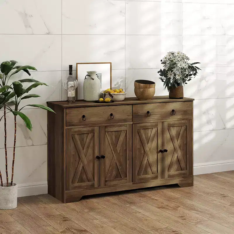Aparador bufet HOMCOM, mueble de barra de café estilo rústico con 2 cajones y puertas correderas, mesa de bufet con estantes ajustables