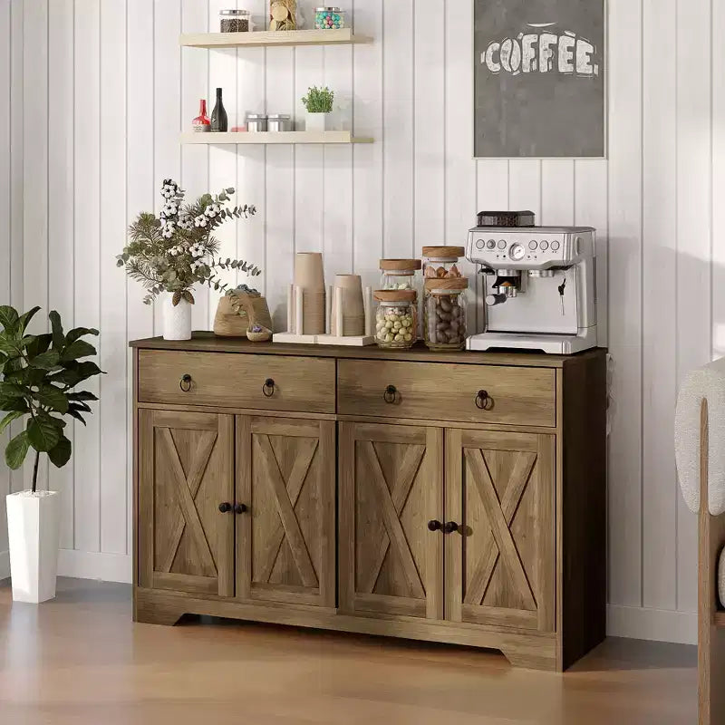 Aparador bufet HOMCOM, mueble de barra de café estilo rústico con 2 cajones y puertas correderas, mesa de bufet con estantes ajustables