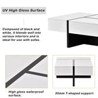 Mesa de centro contemporánea de alto brillo con tapa de cristal templado y patas de madera con trípode, color blanco