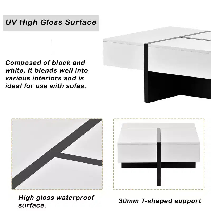 Mesa de centro contemporánea de alto brillo con tapa de cristal templado y patas de madera con trípode, color blanco