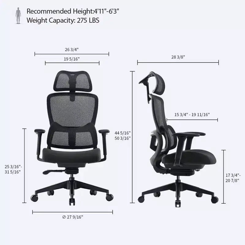 Silla de oficina ergonómica de malla con soporte lumbar 3D, reposacabezas y reposabrazos ajustables
