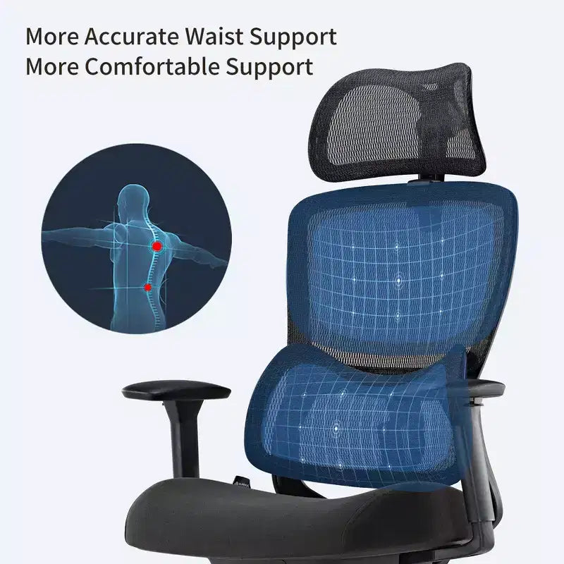 Silla de oficina ergonómica de malla con soporte lumbar 3D, reposacabezas y reposabrazos ajustables