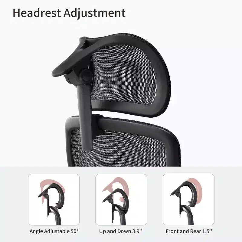 Silla de oficina ergonómica de malla con soporte lumbar 3D, reposacabezas y reposabrazos ajustables