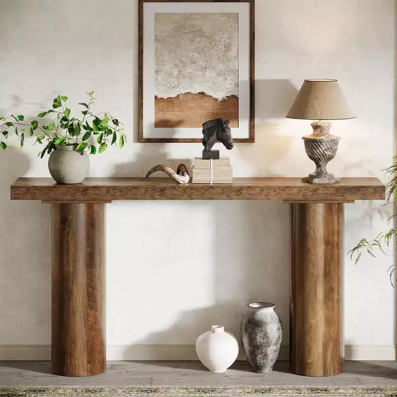 Mesa consola de madera estrecha de granja de 63" de largo con estante abierto, entrada, marrón
