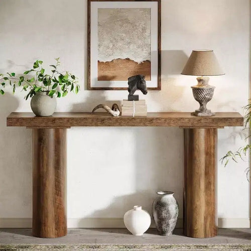 Mesa consola de madera estrecha de granja de 63" de largo con estante abierto, entrada, marrón