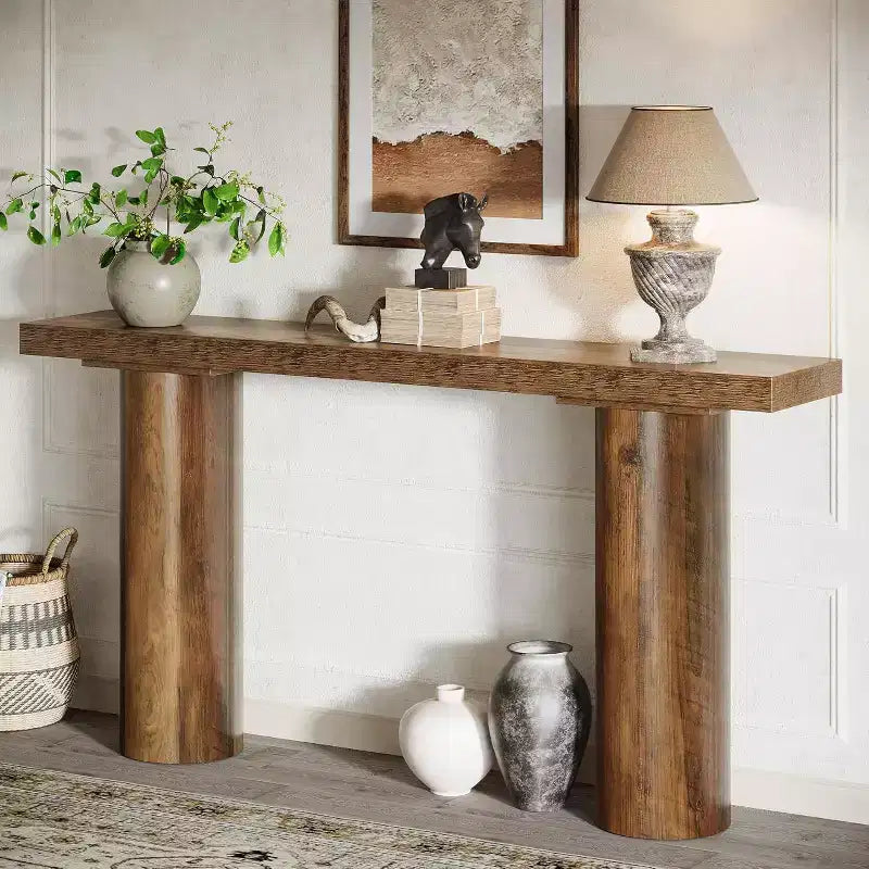 Mesa consola de madera estrecha de granja de 63" de largo con estante abierto, entrada, marrón