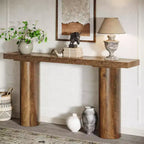 Mesa consola de madera estrecha de granja de 63" de largo con estante abierto, entrada, marrón