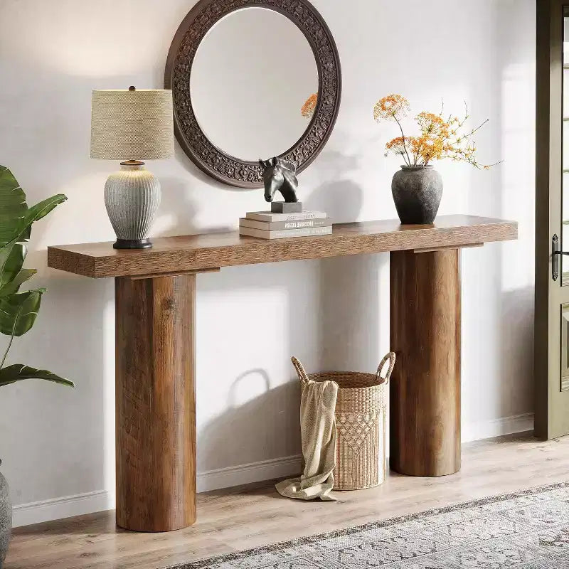 Mesa consola de madera estrecha de granja de 63" de largo con estante abierto, entrada, marrón