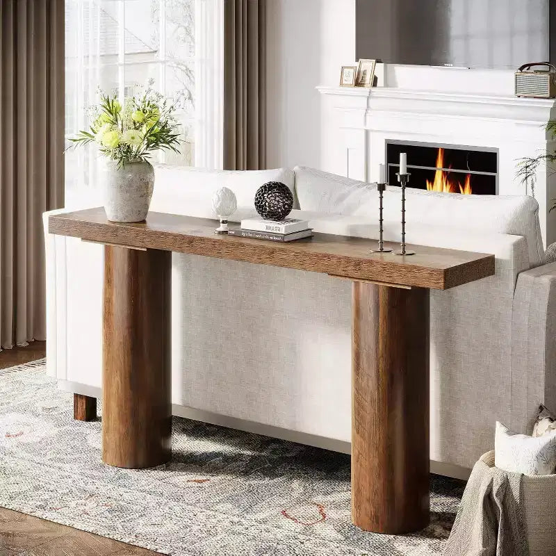 Mesa consola de madera estrecha de granja de 63" de largo con estante abierto, entrada, marrón