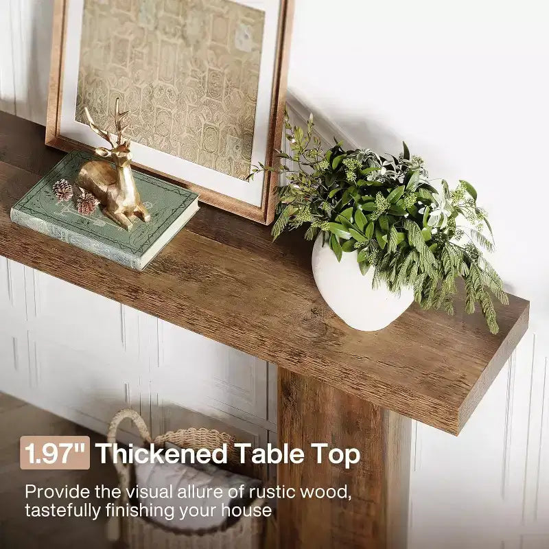 Mesa consola de madera estrecha de granja de 63" de largo con estante abierto, entrada, marrón