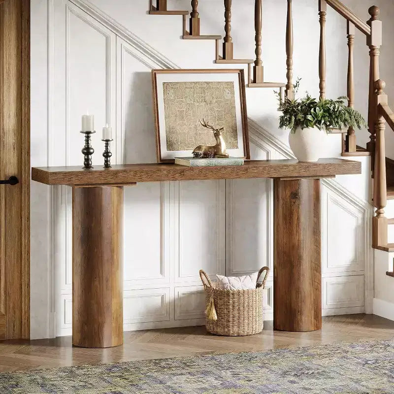 Mesa consola de madera estrecha de granja de 63" de largo con estante abierto, entrada, marrón