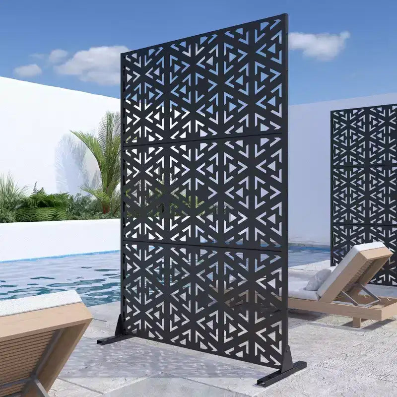 Celosía de privacidad de acero galvanizado con patrón de triángulos en V, 183 cm de alto x 120 cm de ancho, color negro