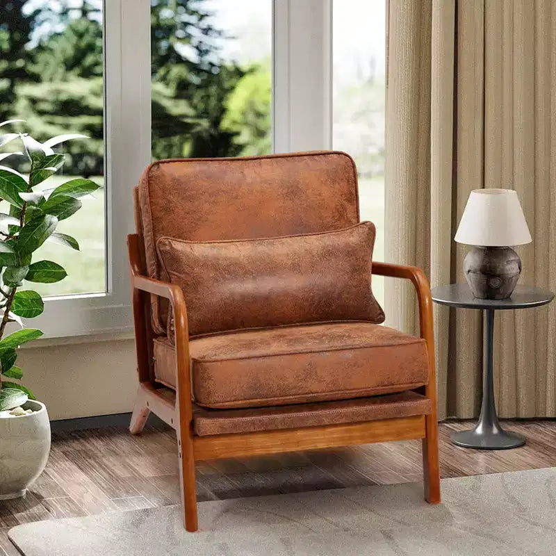 Sillón Acentual de Madera Maciza de Mediados de Siglo con Tapicería y Cojín de Soporte Lumbar