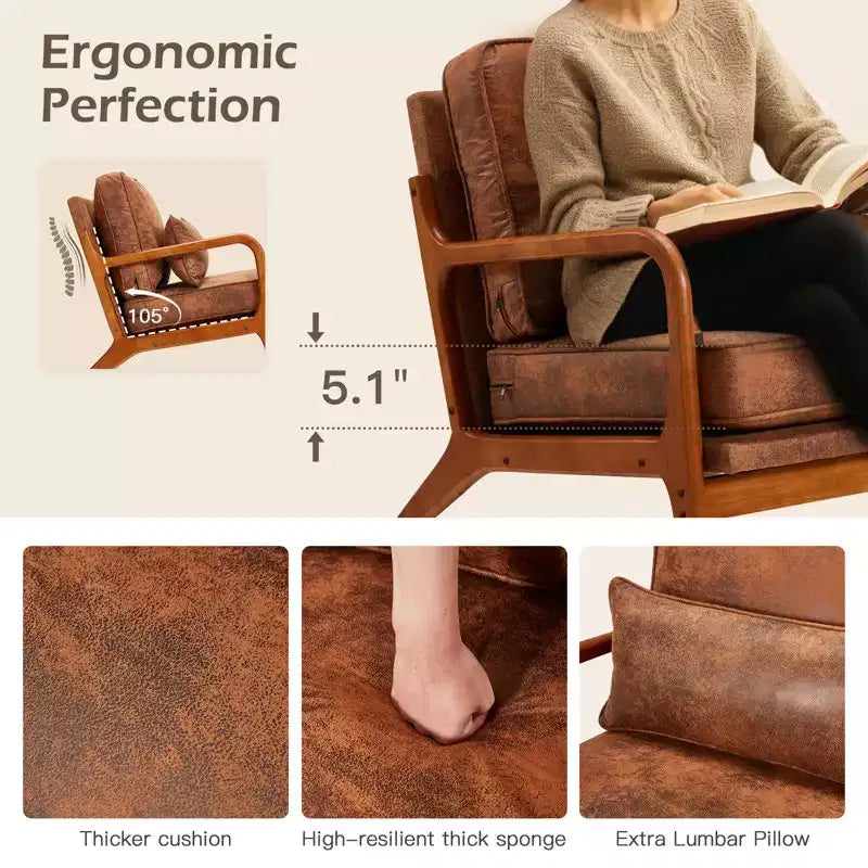 Sillón Acentual de Madera Maciza de Mediados de Siglo con Tapicería y Cojín de Soporte Lumbar