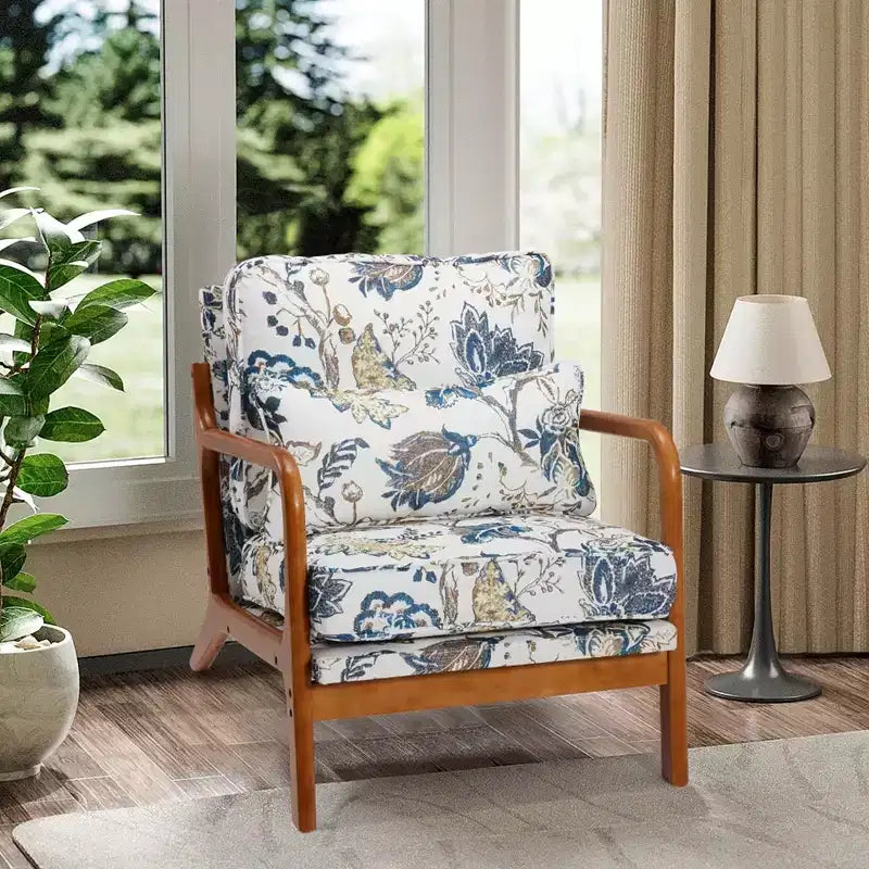 Sillón Acentual de Madera Maciza de Mediados de Siglo con Tapicería y Cojín de Soporte Lumbar