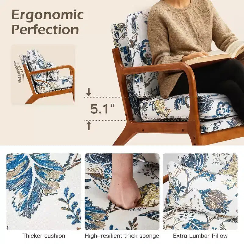 Sillón Acentual de Madera Maciza de Mediados de Siglo con Tapicería y Cojín de Soporte Lumbar