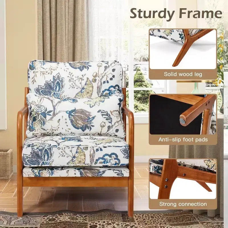 Sillón Acentual de Madera Maciza de Mediados de Siglo con Tapicería y Cojín de Soporte Lumbar