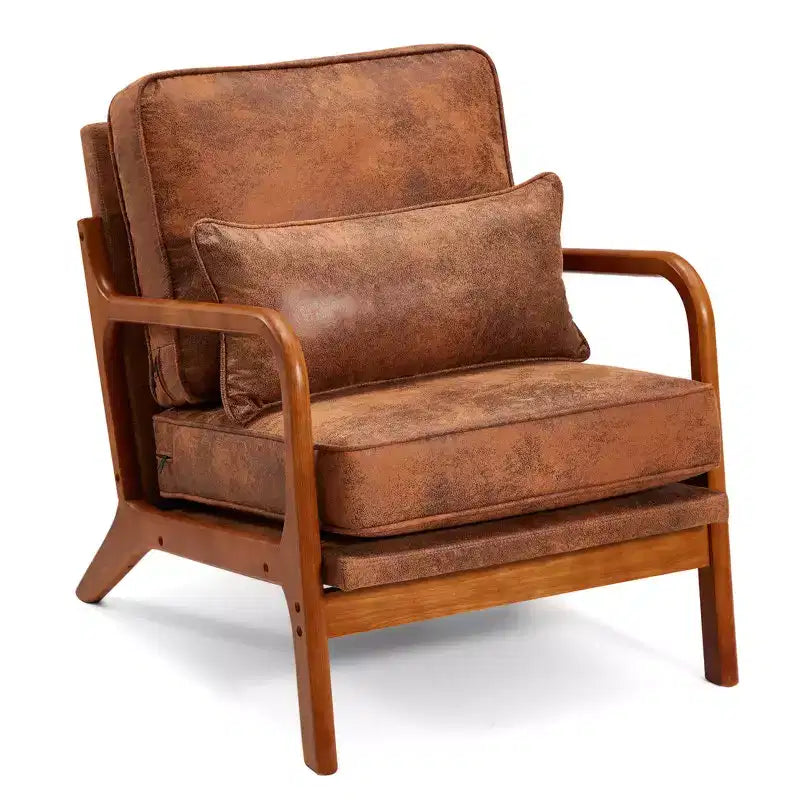 Sillón Acentual de Madera Maciza de Mediados de Siglo con Tapicería y Cojín de Soporte Lumbar