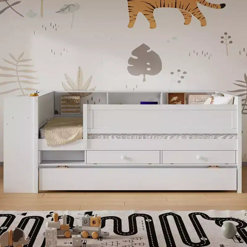 Cama Nido Twin con Cajones, Nido, Cabecero, Mesa de Almacenamiento, Carga USB