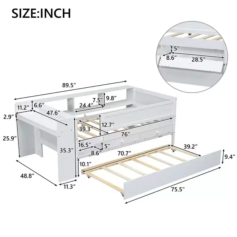 Cama Nido Twin con Cajones, Nido, Cabecero, Mesa de Almacenamiento, Carga USB