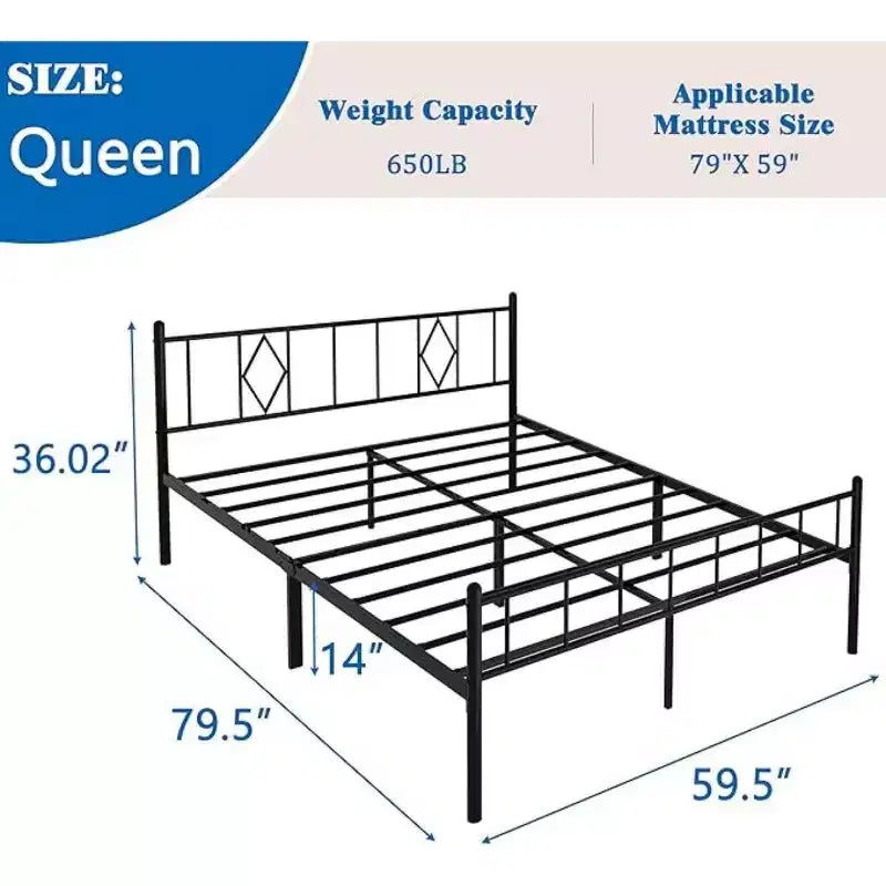Tamaño Grande, 35.56 cm de Altura, Base de Cama de Metal Clásica con Plataforma, Espacio de Almacenamiento Debajo de la Cama/No Necesita Somier