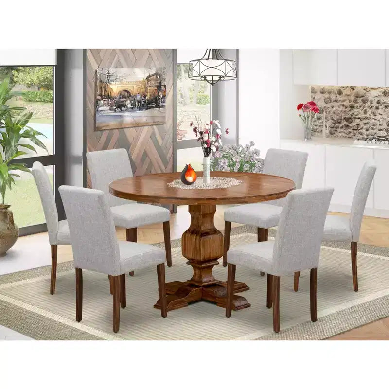 Juego de comedor de pedestal redondo de 7 piezas Nogal antiguo con 6 sillas Parson de lino