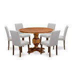 Juego de comedor de pedestal redondo de 7 piezas Nogal antiguo con 6 sillas Parson de lino
