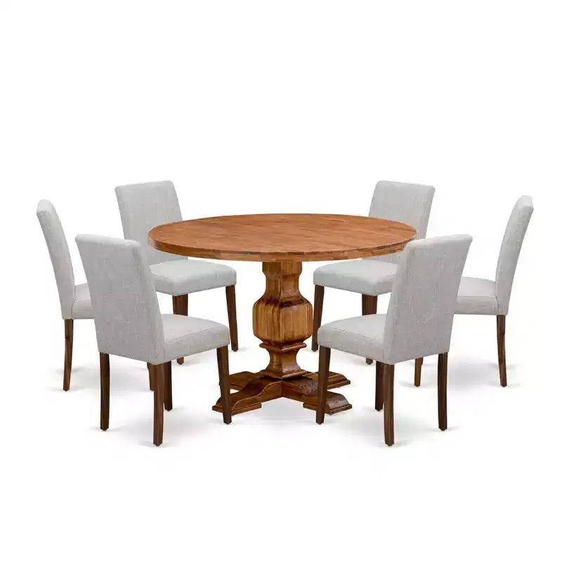 Juego de comedor de pedestal redondo de 7 piezas Nogal antiguo con 6 sillas Parson de lino