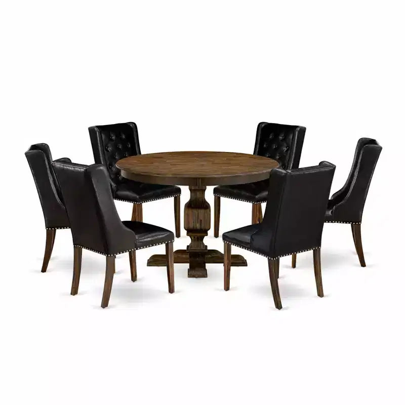 Juego de comedor redondo de 7 piezas con 6 sillas de madera de caucho jacobina envejecida