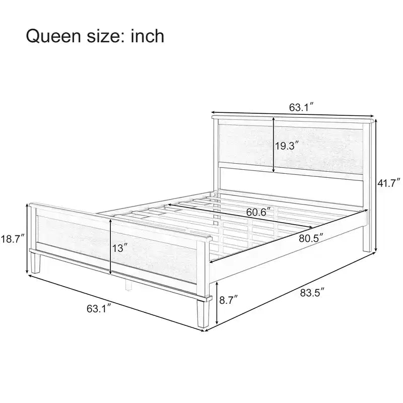 Base de cama de plataforma Full Queen King con cabecero y listones de madera, sin necesidad de somier, blanco y marrón