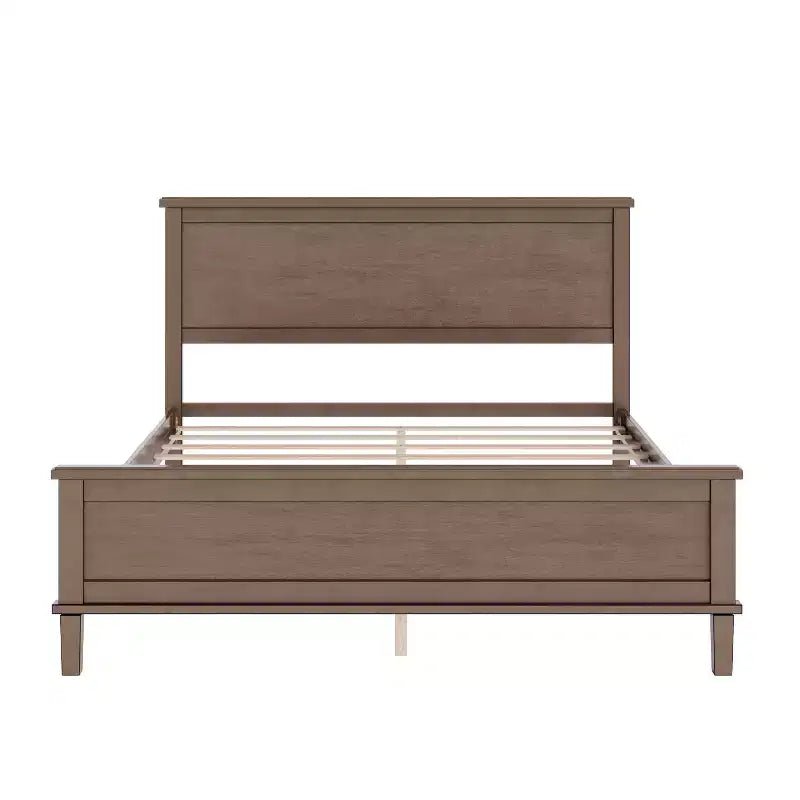 Base de cama de plataforma Full Queen King con cabecero y listones de madera, sin necesidad de somier, blanco y marrón