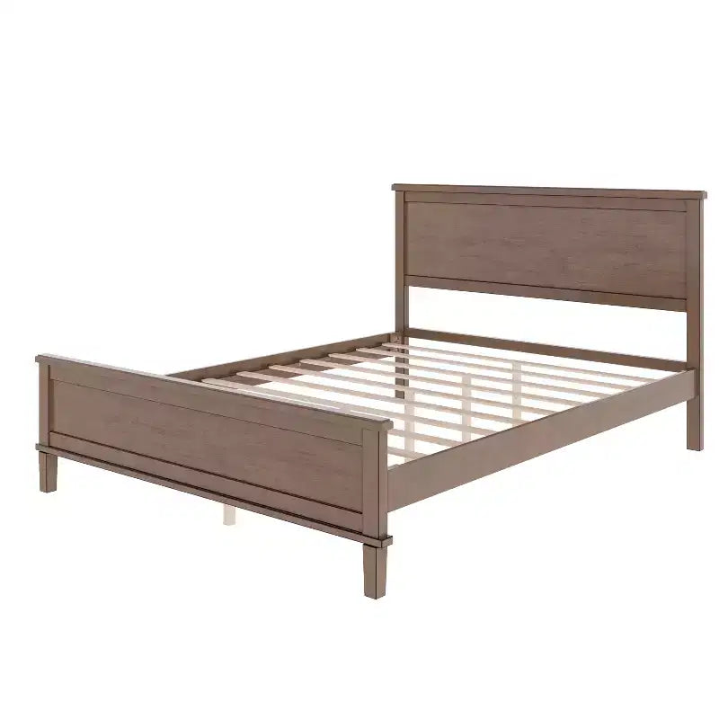 Base de cama de plataforma Full Queen King con cabecero y listones de madera, sin necesidad de somier, blanco y marrón