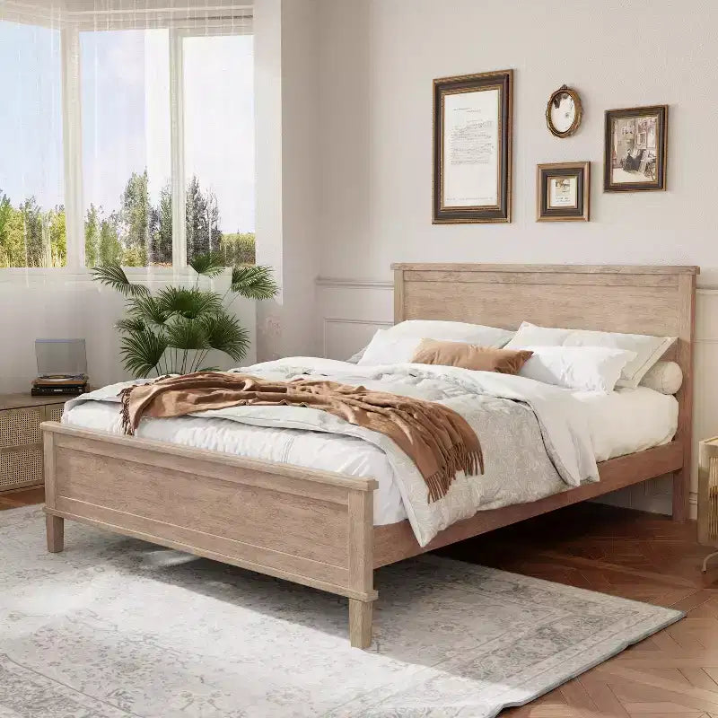 Base de cama de plataforma Full Queen King con cabecero y listones de madera, sin necesidad de somier, blanco y marrón