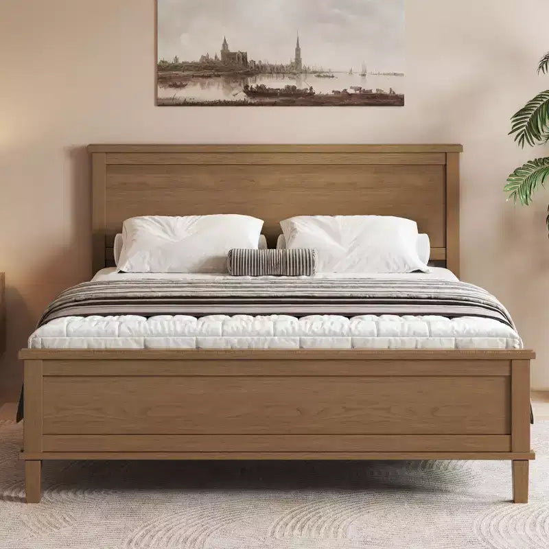 Base de cama de plataforma Full Queen King con cabecero y listones de madera, sin necesidad de somier, blanco y marrón