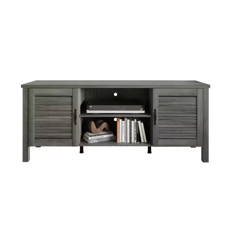 Consola para TV de 60" con puertas de armario de persiana y estantes abiertos