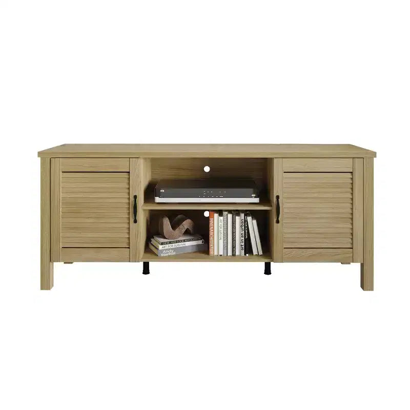 Consola para TV de 60" con puertas de armario de persiana y estantes abiertos