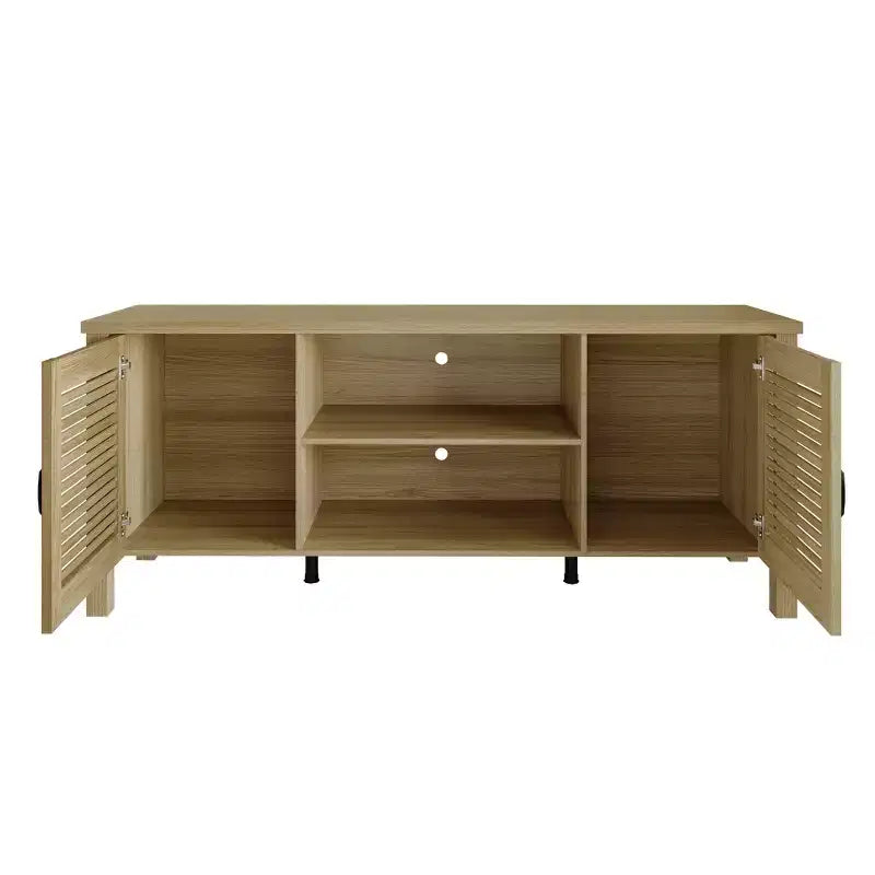 Consola para TV de 60" con puertas de armario de persiana y estantes abiertos