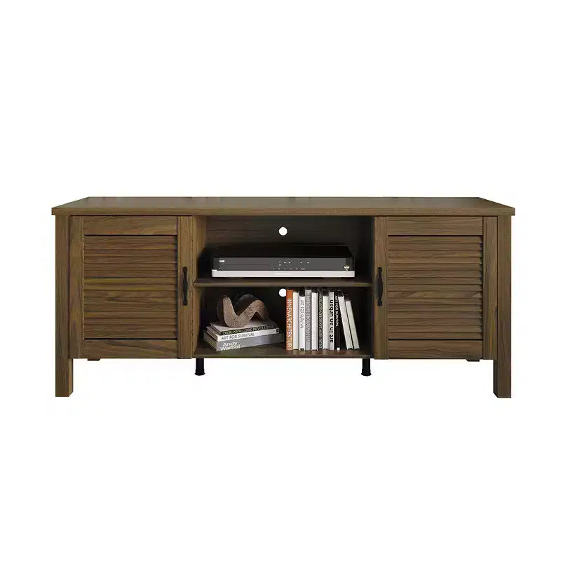 Consola para TV de 60" con puertas de armario de persiana y estantes abiertos