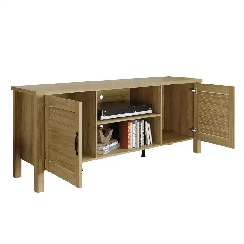 Consola para TV de 60" con puertas de armario de persiana y estantes abiertos
