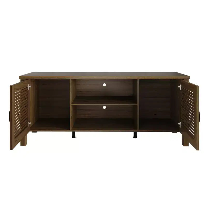 Consola para TV de 60" con puertas de armario de persiana y estantes abiertos