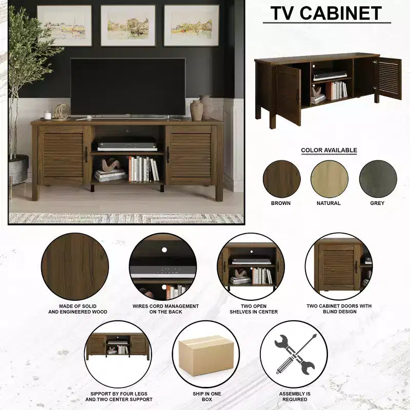 Consola para TV de 60" con puertas de armario de persiana y estantes abiertos