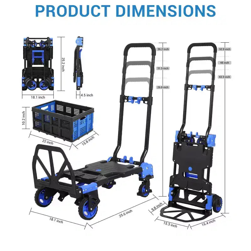 Carretilla de mano plegable 2 en 1 COZONY, 150 kg de capacidad con cesta, mango retráctil y 4 ruedas
