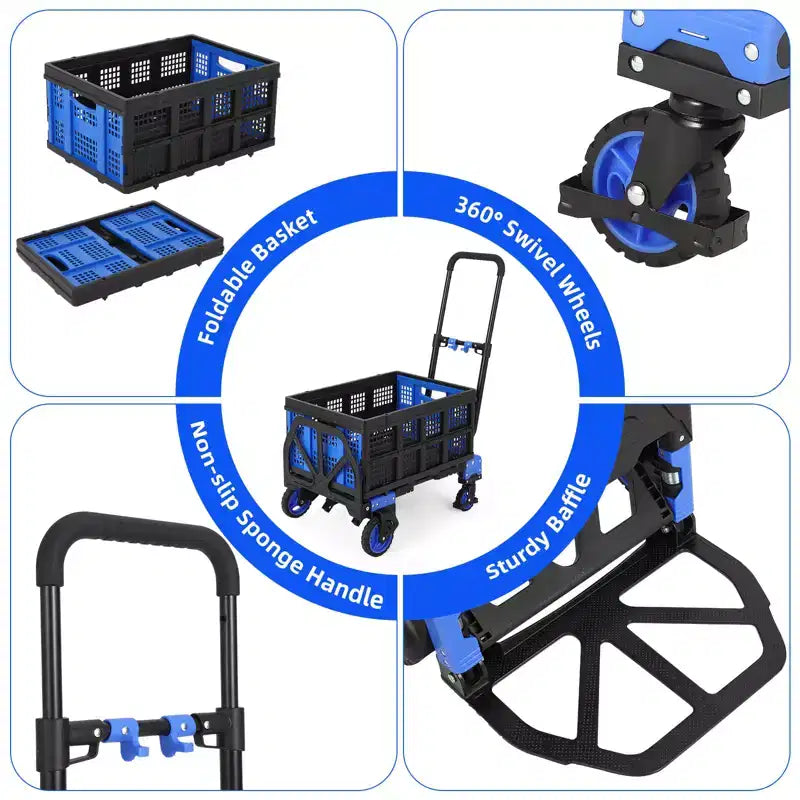Carretilla de mano plegable 2 en 1 COZONY, 150 kg de capacidad con cesta, mango retráctil y 4 ruedas