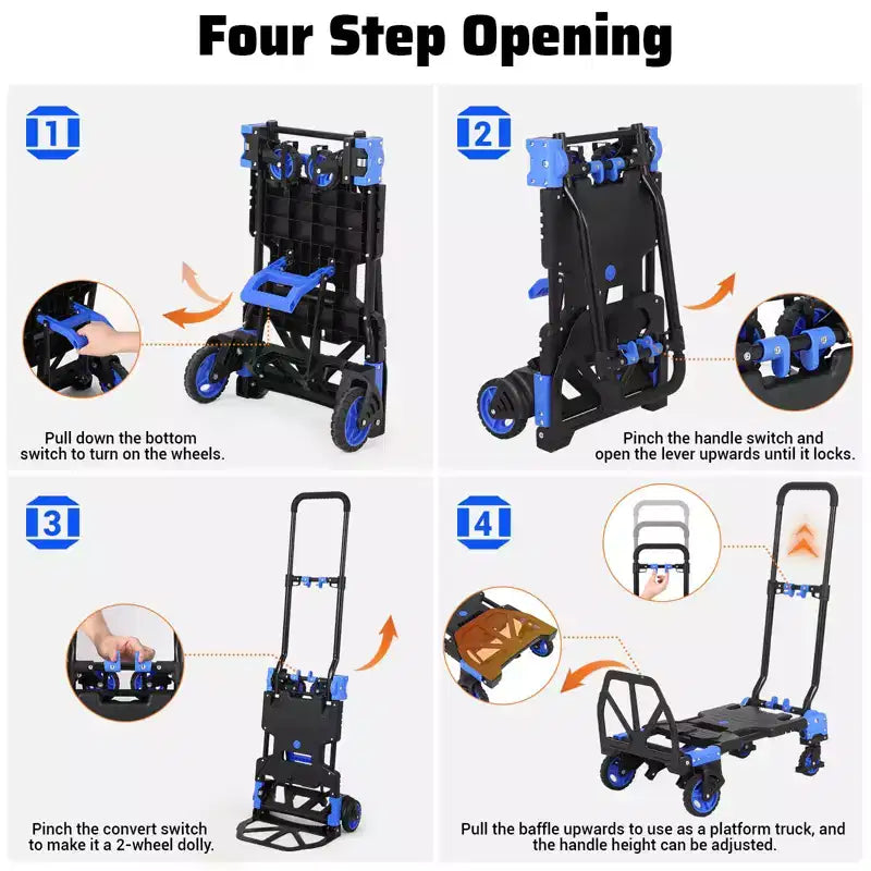 Carretilla de mano plegable 2 en 1 COZONY, 150 kg de capacidad con cesta, mango retráctil y 4 ruedas